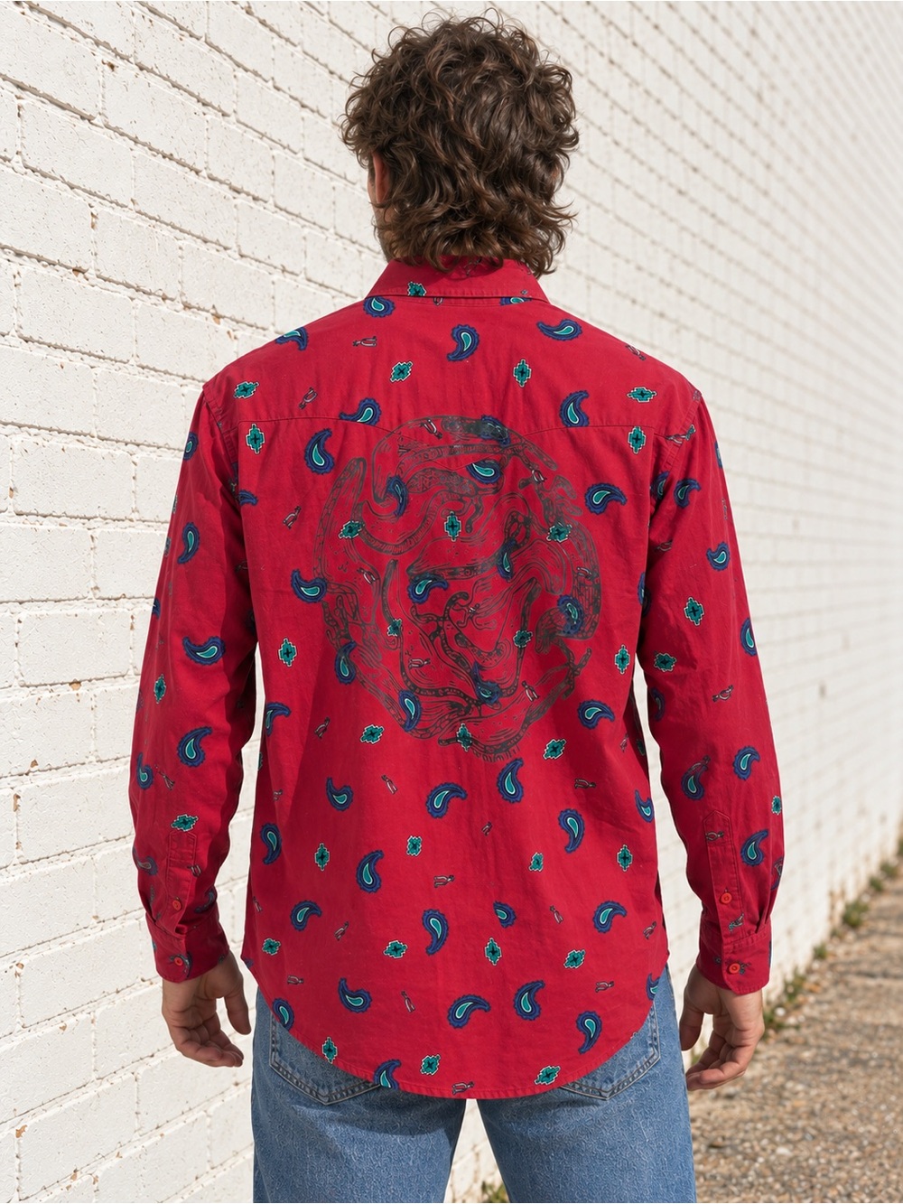 Vintage 90s Mens Western Shirt Size 16.5 Pink Paisley Cowboy Long Sleeve snake